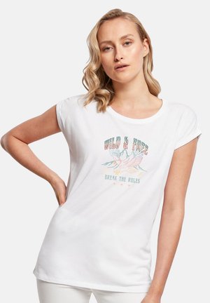 Weißes Baumwoll-T-Shirt mit Rundhalsausschnitt und aufgerollten Ärmeln, mit einem bunten Grafikdruck eines Vogels und dem Text: "Wild & Free, Break the Rules."