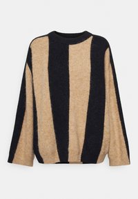 Strickpullover mit breiten horizontalen Streifen in Beige und Dunkelmarine. Rundhalsausschnitt, lässige Passform und strukturierter Stoff. Keine sichtbaren Verschlüsse oder Verzierungen.