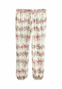Pantalon de pyjama blanc avec un motif festif de branches de pin, de rubans roses et d'ornements. Il dispose d'une taille élastique et de poignets froncés.