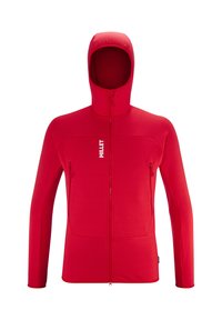 Rote Kapuzenjacke mit Reißverschlusstaschen, strukturiertem Stoff und tailliertem Design. Markenlogo auf der linken Brust. Voller Reißverschluss vorne.