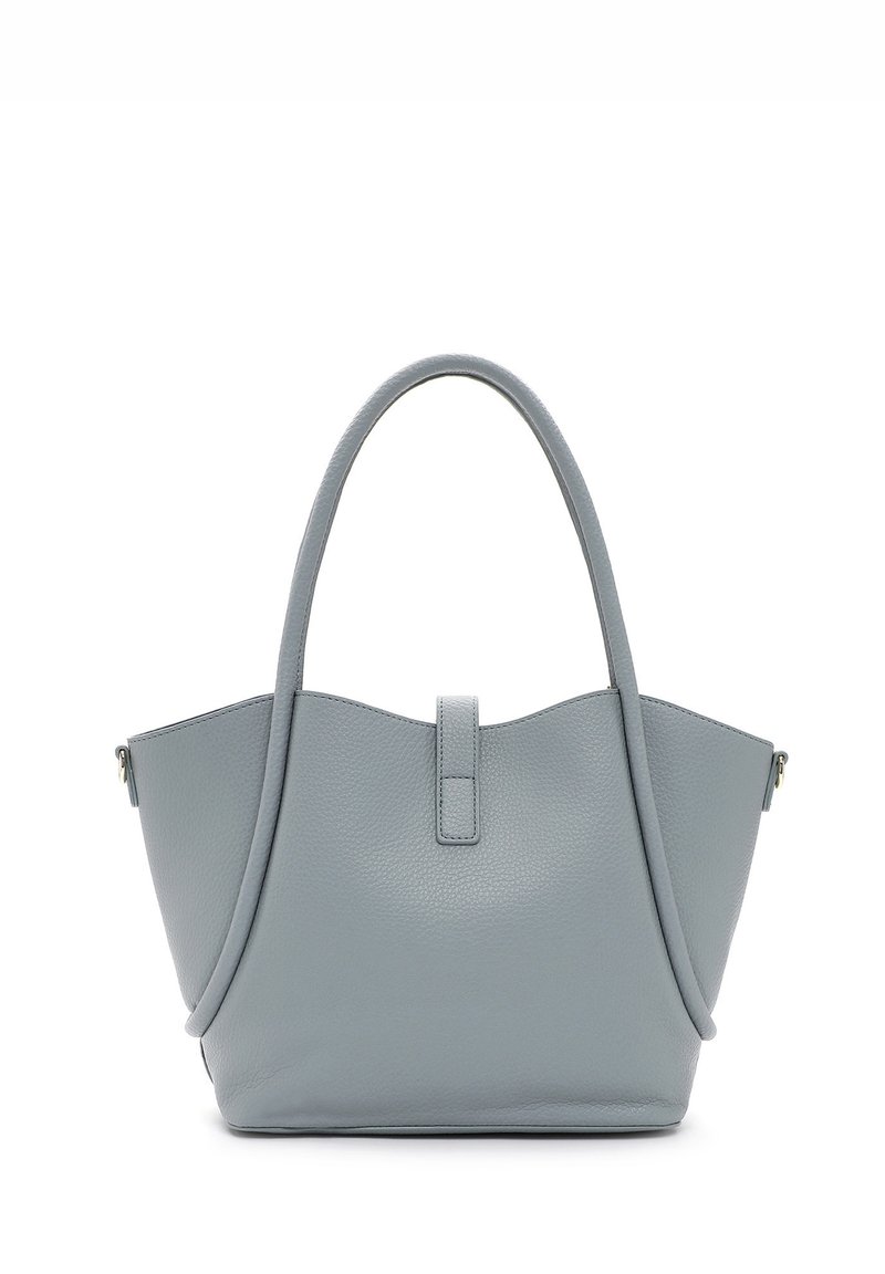 Sac fourre-tout en cuir gris avec deux poignées courbées et une fermeture magnétique. Surface texturée et intérieur spacieux avec un design structuré.