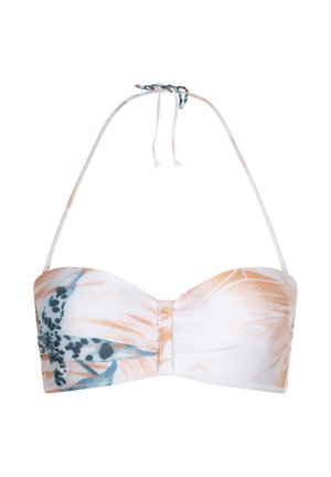 Haut de bikini bandeau avec lien de cou amovible, motif abstrait pêche et bleu, fronces au centre, bonnets structurés et tissu lisse.