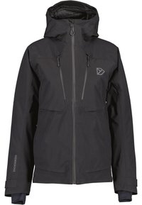 Veste imperméable noire avec capuche, poches zippées doubles, poignets ajustables et détails de logo sur la poitrine et la manche.