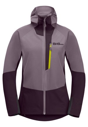 Veste légère dans des nuances de violet et de gris, dotée d'un col montant, d'une fermeture éclair à l'avant et d'une poche poitrine avec une tirette de fermeture éclair jaune.