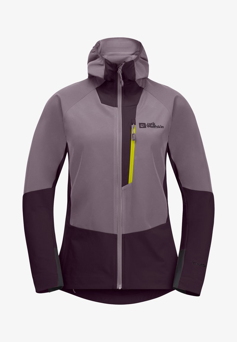 Lightweight jacket in shades of purple and gray, featuring a high collar, front zipper, and a chest pocket with a yellow zipper pull.