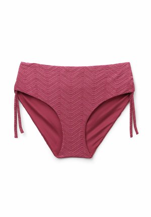 Bas de bikini taille haute en tissu texturé rose foncé avec motif chevron et liens latéraux réglables, présenté sur fond blanc.