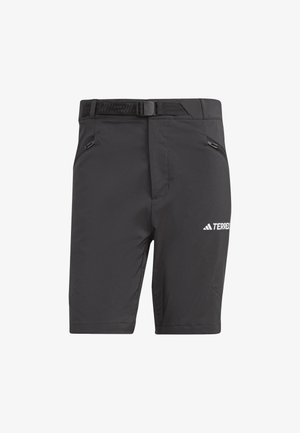 Mustad tumed välitingimustes lühikesed püksid, millel on stiilne disain, vöö, kaks lukuga külgetaskut ja trükitud logo alumisel ees.