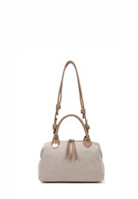 Borsa a mano a strisce beige con forma arrotondata. Presenta dettagli in pelle marrone, doppi manici e una tracolla annodata.
