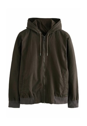 Sweat à capuche zippé vert foncé avec cordons, deux poches avant et poignets et ourlet côtelés.