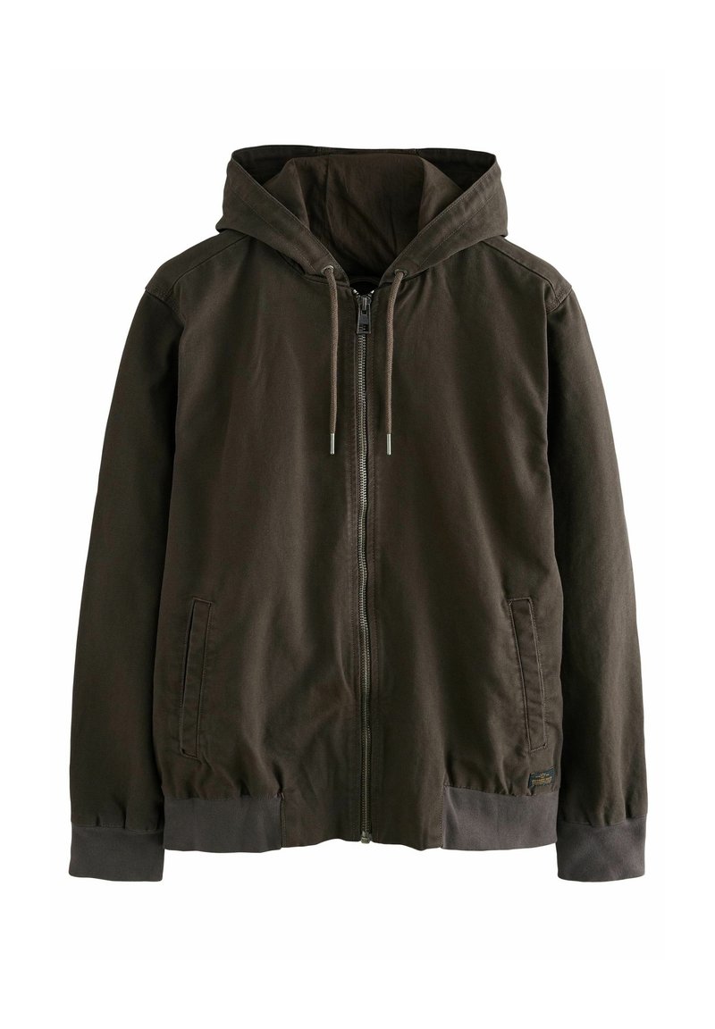 Sweat à capuche zippé vert foncé avec cordons, deux poches avant et poignets et ourlet côtelés.