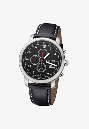 Montre-bracelet Regent pour homme avec cadran noir, trois sous-cadrans avec accents rouges, date à 16 heures, boîtier argenté, et bracelet en cuir noir avec couture blanche.