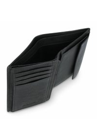 Zwarte leren portefeuille met meerdere pasjesvakjes, een vak voor contant geld en een gestructureerde afwerking. Voorzien van een drukknoopsluiting voor extra veiligheid.