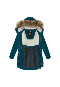 Morska parka z kapturem wyłożonym futrem, wyposażona w miękką podszewkę z polaru i teksturowaną czarną podszewkę. Posiada sznurki ściągające i kontrastowe akcenty.
