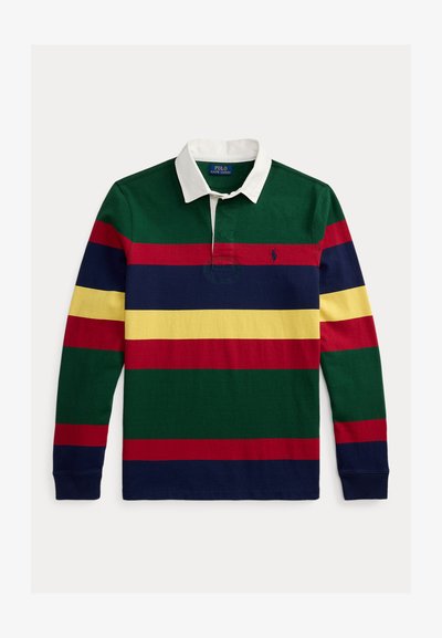 Μακρυμάνικη πόλο μπλούζα με λευκό γιακά και οριζόντιες ρίγες σε πράσινο, κόκκινο, σκούρο μπλε και κίτρινο, με μικρό λογότυπο στο στήθος.