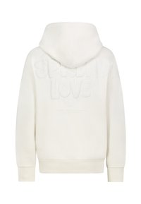 Creme pullover hoodie met een voorzak in kangoeroestijl. Beschikt over een textuurdesign "SPREAD LOVE" op de achterkant en ribgebreide manchetten.
