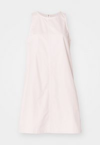 Hihaton vaaleanpunainen A-linjainen mekko, jossa on hienovarainen pystyripsikuosi ja takataskuvetoketju.