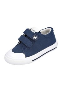 Zapatillas de lona azul marino con punta y suela de goma blanca. Cuentan con dos correas de Velcro para el cierre y un detalle de logo en el lateral.