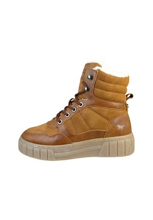 Bottes d'hiver lacées marron avec doublure en fourrure, cheville rembourrée, cuir lisse et matière en daim, semelle en caoutchouc avec motif strié, œillets métalliques.