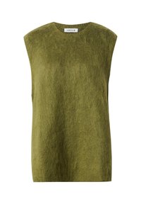 Mouwloze olijfgroene fuzzy gebreide top met een ronde halslijn en een rechte zoom.