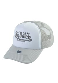 Casquette trucker blanche et grise avec une visière courbée, ornée du logo brodé "Von Dutch" et d'un dos en mesh pour la ventilation.