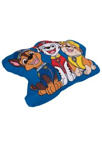 Cuscino a forma di impronta di zampa, con cani dei cartoni animati in abiti colorati su uno sfondo blu. Tessuto morbido con dettagli del design stampati.