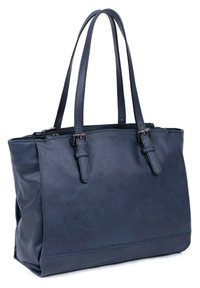 Borsa a spalla in pelle blu navy con due manici lunghi, superficie testurizzata e chiusura con zip, caratterizzata da minimalismo hardware e un design spazioso.