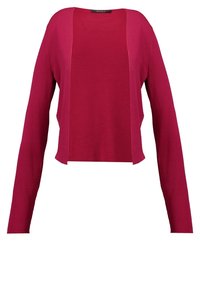 Cardigan femme, manches longues, ouverture devant, de couleur rose profond avec une texture côtelée et une étiquette de la marque Esprit au niveau de l'encolure.