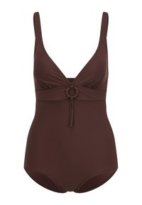 Brauner Badeanzug mit tiefem V-Ausschnitt, gerafftem Taillenbereich mit einem kreisförmigen Akzent und verstellbaren Trägern. Glatte Stoffstruktur.