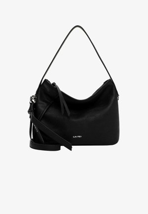 Borsa a spalla in pelle nera con texture liscia, un manico singolo e una tracolla rimovibile. Caratterizzata da un design semplice e un discreto dettaglio del logo.