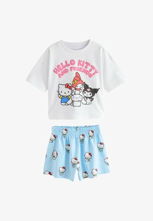 Balti medvilniniai marškinėliai su užrašu „HELLO KITTY IR DRAUGAI“ ir mėlyni šortai su pakartojamu Hello Kitty raštu. Šortų liemuo su elastine juosta.