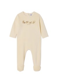 Helles gelbes Baby-Overall aus weichem Stoff, mit langen Ärmeln und Fußdesign, versehen mit einem bedruckten Winnie-the-Pooh-Motiv auf der Vorderseite.