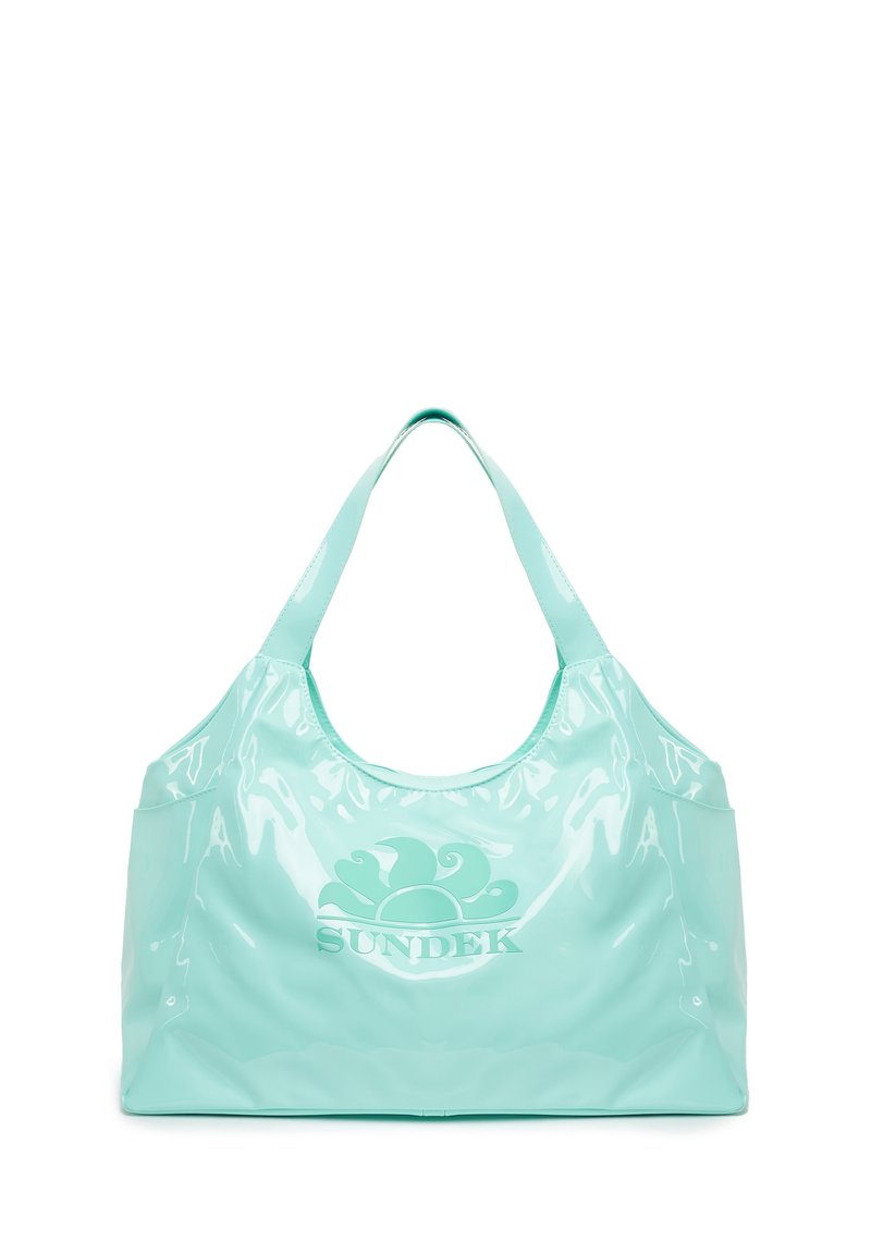 Borsa a spalla verde menta, lucida, con una forma morbida, doppio manico e un design floreale nel logo. Realizzata in un materiale durevole e brillante.