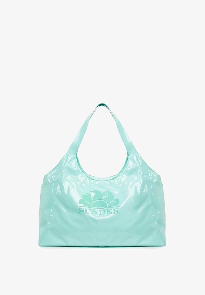 Borsa a spalla verde menta, lucida, con una forma morbida, doppio manico e un design floreale nel logo. Realizzata in un materiale durevole e brillante.