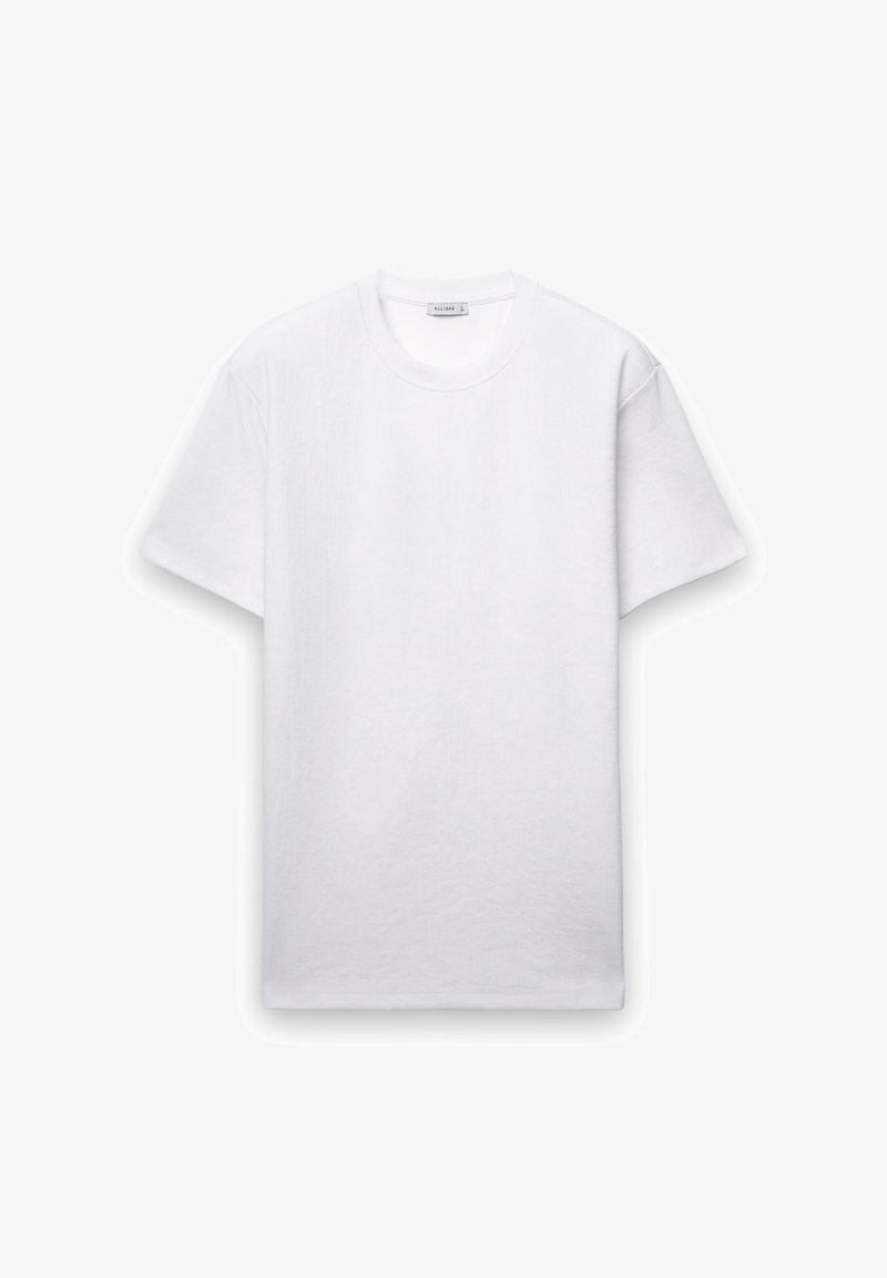 Weißes Baumwoll-T-Shirt mit kurzen Ärmeln, rundem Ausschnitt, glatter Textur und einem Etikett im Nackeninneren. Keine Muster oder Akzente sichtbar.