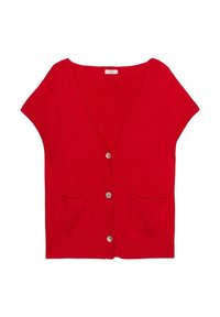 Cardigan rosso a maglia con maniche corte, scollatura a V, bottoni frontali e due tasche. Texture liscia e colore uniforme in tutto il capo.