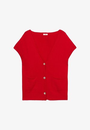 Rød strikket cardigan med korte ærmer, V-hals, frontknapper og to lommer. Glat tekstur og ensartet farve hele vejen igennem.