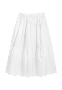 White cotton midi skirt with a gathered design, featuring a tiered structure and scalloped hem. Lightweight fabric with subtle texture.