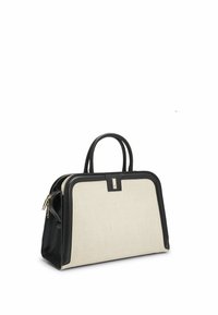 Borsa a tracolla in pelle nera e tessuto beige con forma rettangolare, due manici superiori e dettagli in hardware dorato. Dettagli testurizzati lungo i bordi.