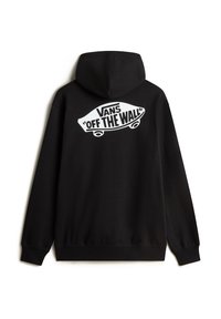 Sort hættetrøje med et stort hvidt grafisk motiv på bagsiden, der har teksten "VANS 'OFF THE WALL'" og et skateboard-design. Blødt stof, standard pasform.