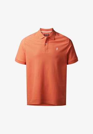 Koszulka polo z krótkim rękawem w intensywnym pomarańczowym kolorze, wykonana z fakturowanej bawełny, z trzema guzikami przy dekolcie oraz małym, haftowanym logotypem na piersi.