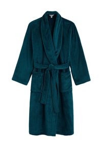 Tirkizni, mekani plišani ogrtač s dugim rukavima, šalom oko vrata, remenom i dva prednja džepa. Glatka tekstura s jednobojnim dizajnom.