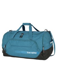 Bolsa de deporte verde azulado con acentos negros, fabricada con tejido duradero, que cuenta con dos compartimentos con cremallera, dos asas y una correa para el hombro.