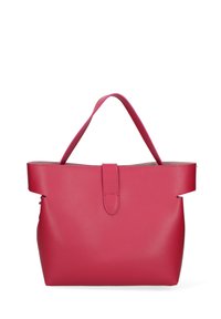 Borsa tote sintetica rosa con un design strutturato, manici piatti e chiusura a linguetta. Texture liscia con dettagli minimi e senza metalli visibili.