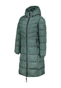 Langer grüner, gesteppter Wintermantel mit Kapuze, durchgehendem Reißverschluss, seitlichen Reißverschlusstaschen und gerippte Bündchen an den Ärmeln.