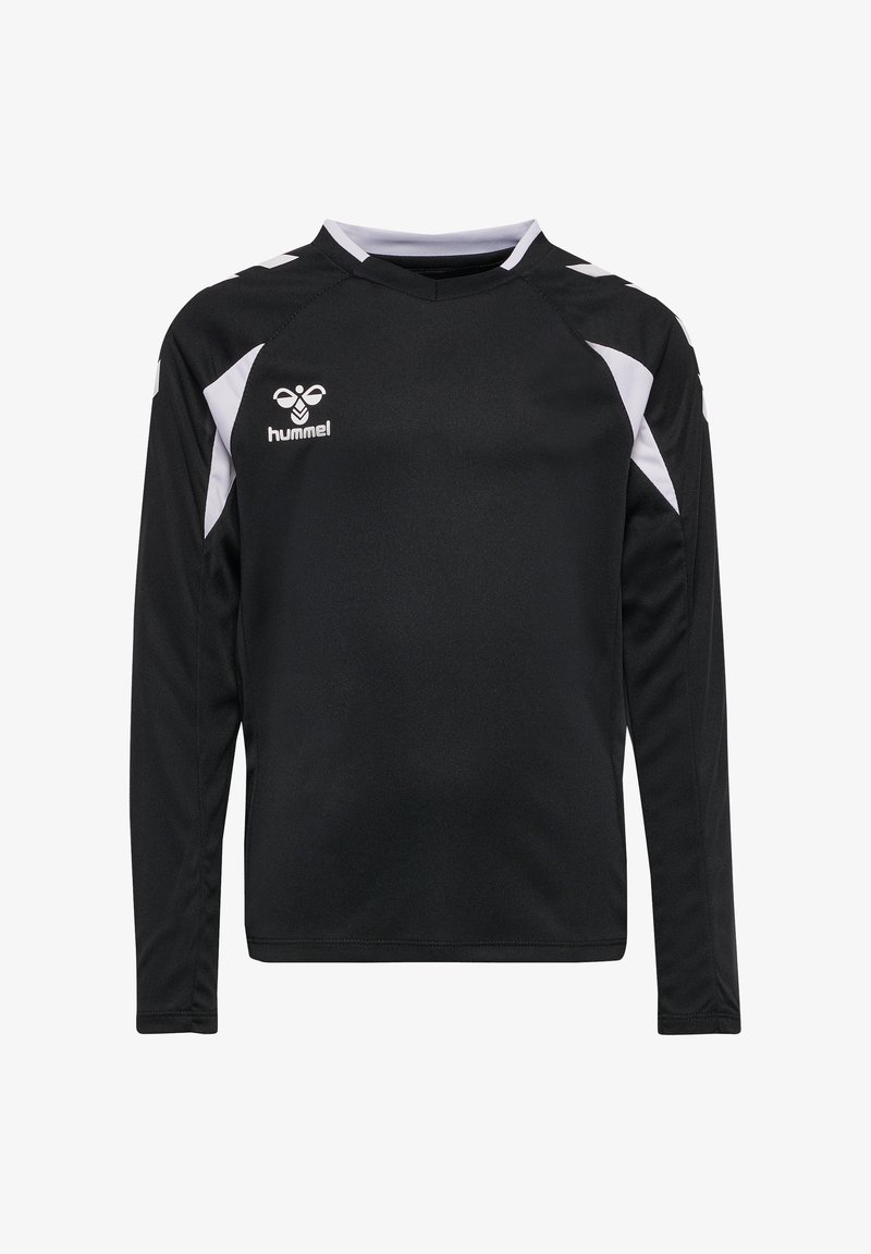 Schwarzes Sporttrikot mit langen Ärmeln und weißen Akzenten an Schultern und Seiten, mit dem hummel-Logo auf der Brust.