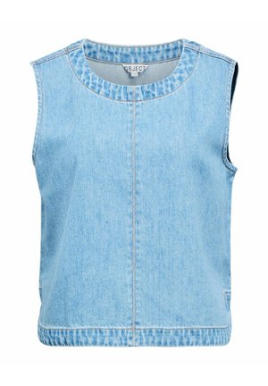 Haut sans manches en denim bleu clair avec encolure ronde et coutures visibles au centre et sur les bords.
