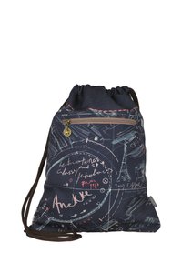 Bolsa de cuerda azul marino con un boceto de la Torre Eiffel, texto manuscrito, bolsillo con cremallera frontal y correas de cuerda marrón.