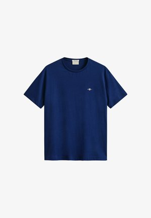 Marineblå kortærmet T-shirt med rund hals, med lille hvid og rød GANT-logo på venstre bryst og mærke inde i kraven.