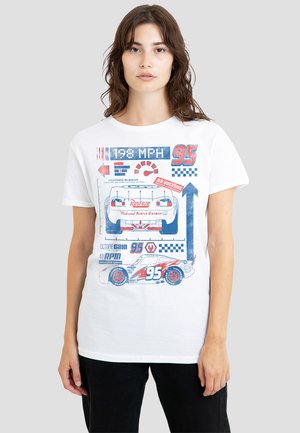 White cotton t-shirt featuring a graphic print of a race car, blue and red accents, and text elements like "198 MPH" and "95."