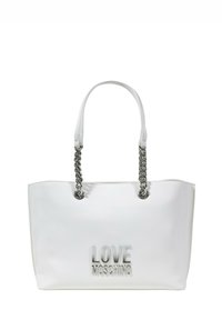 Borsa tote bianca con manici a catena, con logo in rilievo "LOVE MOSCHINO" sulla parte anteriore. Texture liscia, forma rettangolare.